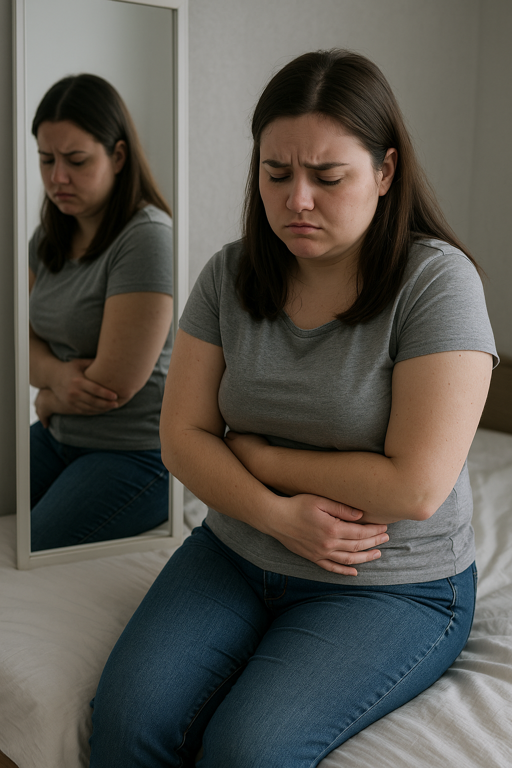 Distressed woman sitting beside a mirror and holding her abdomen, symbolizing binge eating, emotional eating, body image concerns, and eating-related distress.