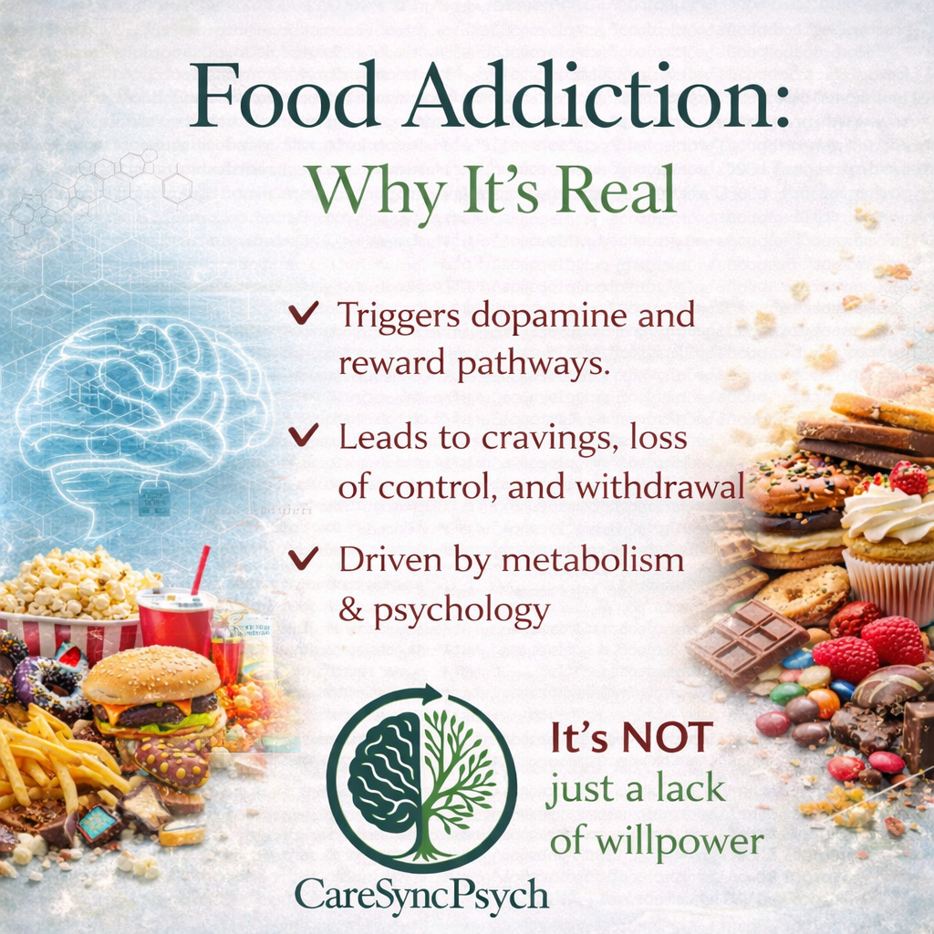 Food addiction why it's real, image of brain on sugar and caresync psych logo. sugar cravings and dopamine