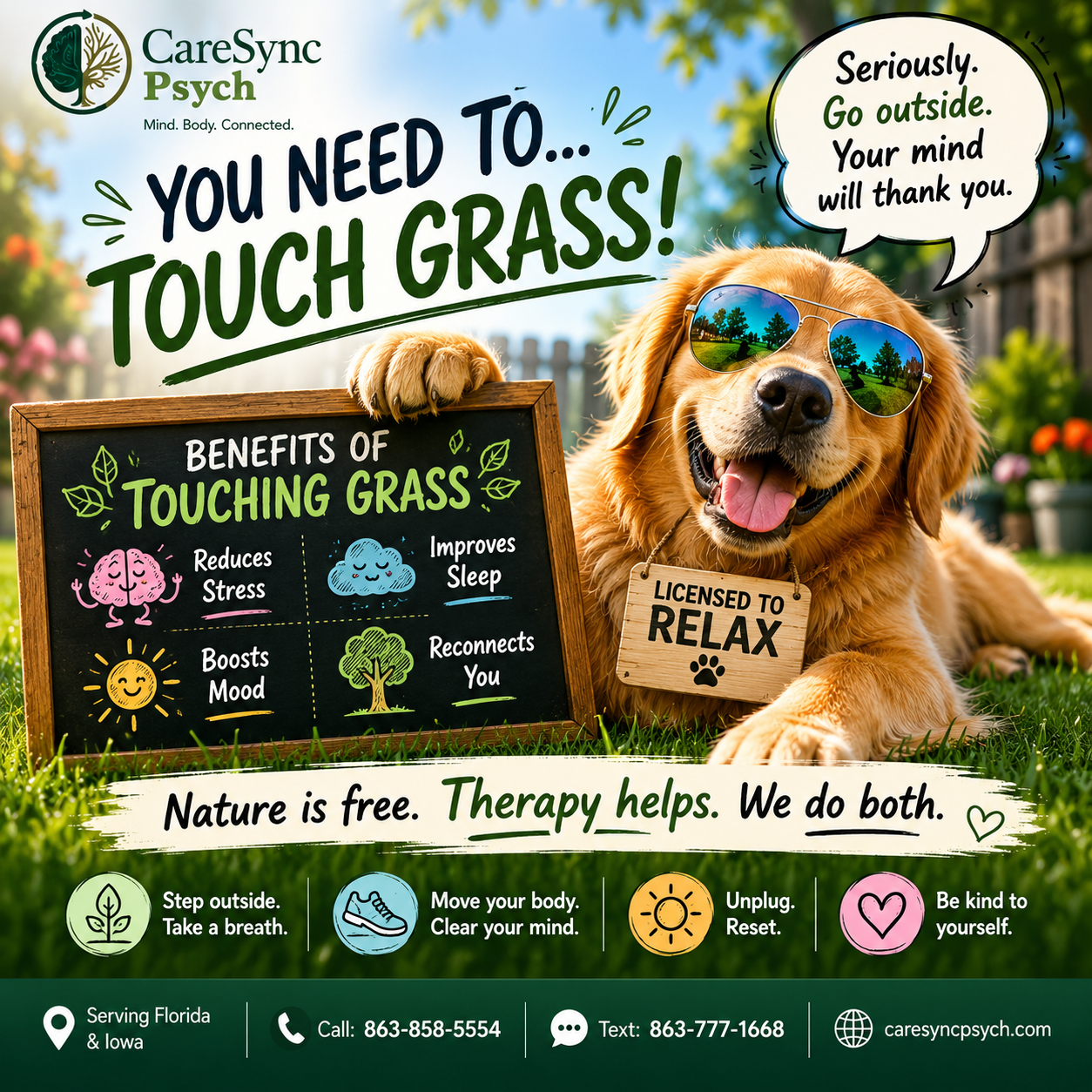 🐾 Professional Mental Health Advice? Touch Grass. Humorous CareSync Psych mental health graphic encouraging people to spend time outdoors and “touch grass,” highlighting the benefits of nature for reducing stress, improving mood, promoting relaxation, and supporting emotional well-being.