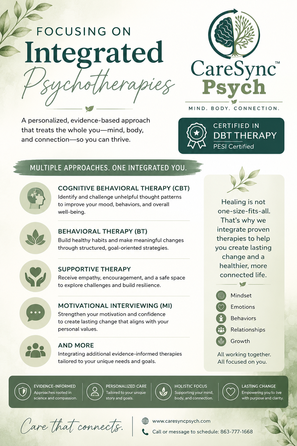 Professional CareSync Psych infographic highlighting integrated psychotherapy services including Cognitive Behavioral Therapy (CBT), Dialectical Behavior Therapy (DBT), Behavioral Therapy (BT), Supportive Therapy, Motivational Interviewing (MI), and evidence-based personalized mental health care. The design features calming sage green colors, botanical elements, and notes that the provider is PESI Certified in DBT Therapy