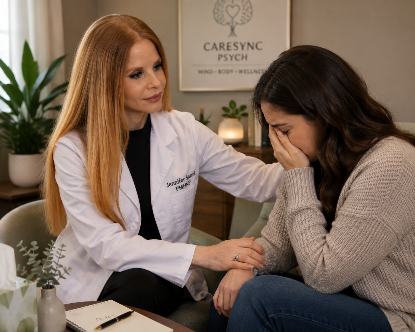 Jennifer Sanri, PMHNP, providing compassionate mental health support to a patient during a therapy visit at CareSync Psych.