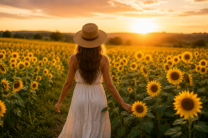 Woman walking through a sunflower field at sunset symbolizing hope, healing, personal growth, and mental health recovery.
