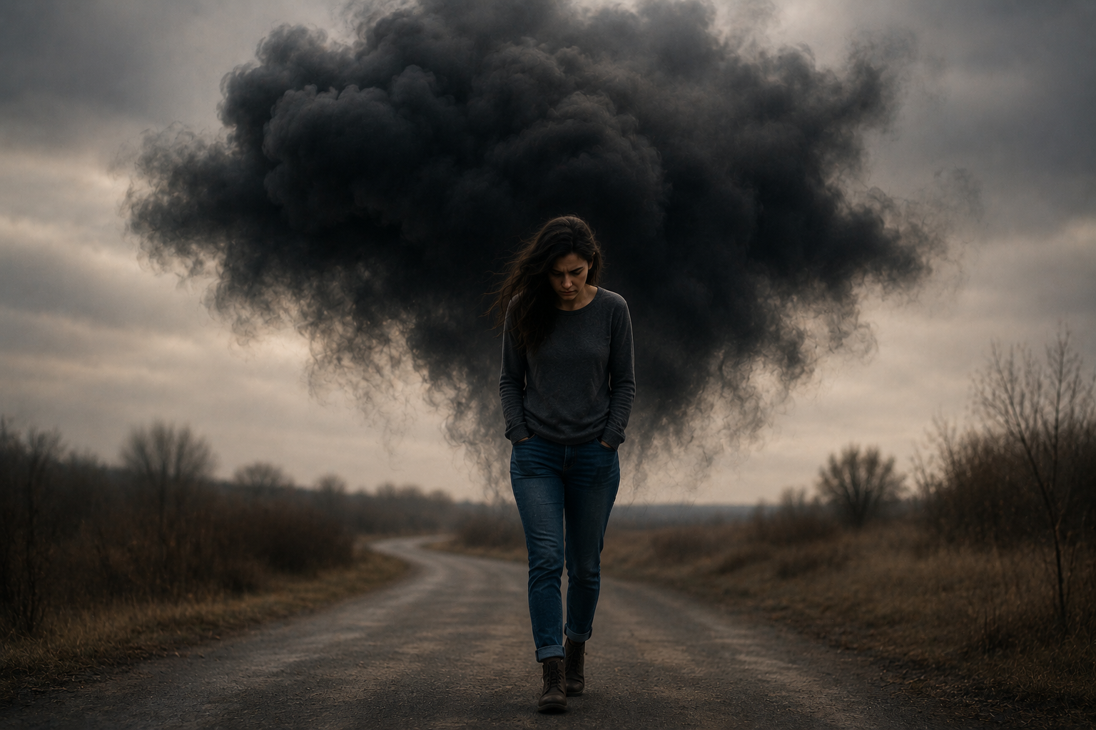 Woman walking beneath a dark cloud symbolizing the sensitivity of mental health information