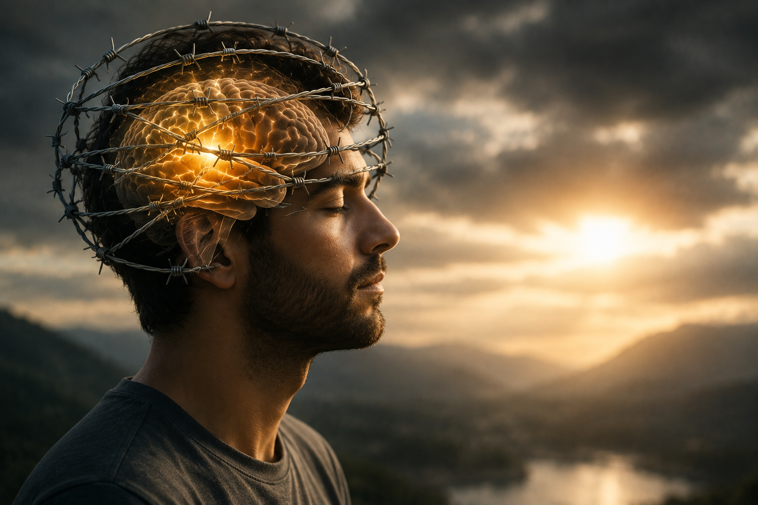 Man with a glowing brain surrounded by barbed wire symbolizing anxiety, intrusive thoughts, chronic stress, and feeling mentally trapped.