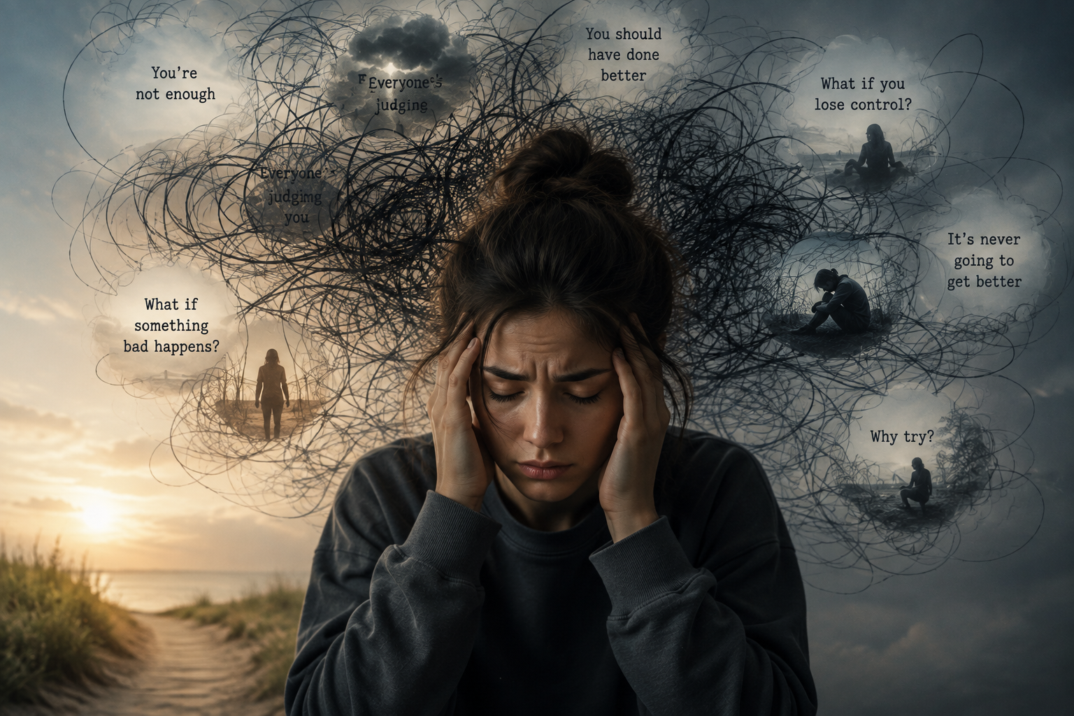 Woman overwhelmed by anxious and intrusive thoughts symbolizing anxiety OCD worry and emotional distress.