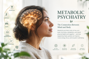 Metabolic psychiatry and brain health illustrating the connection between mental health, nutrition, sleep, hormones, gut health, exercise, and metabolism.