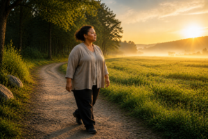 Plus-size Black woman walking from a dark wooded path toward a bright sunrise, symbolizing mental health awakening, healing, and hope
