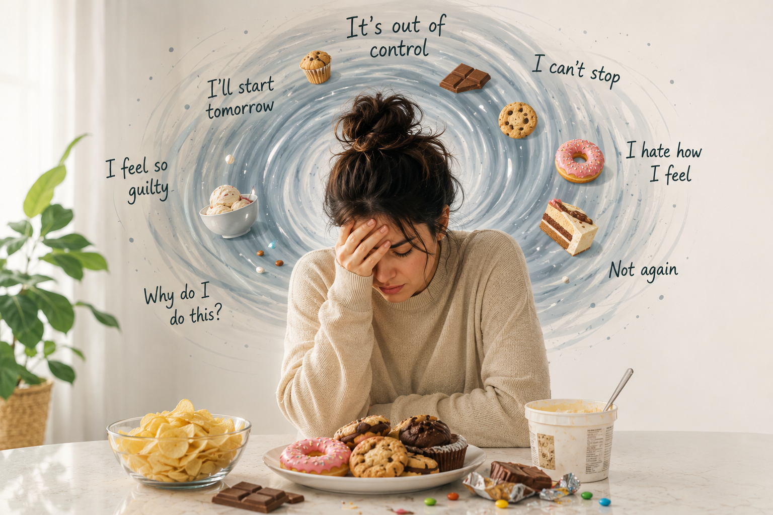 Woman feeling overwhelmed by binge eating and loss of control around food