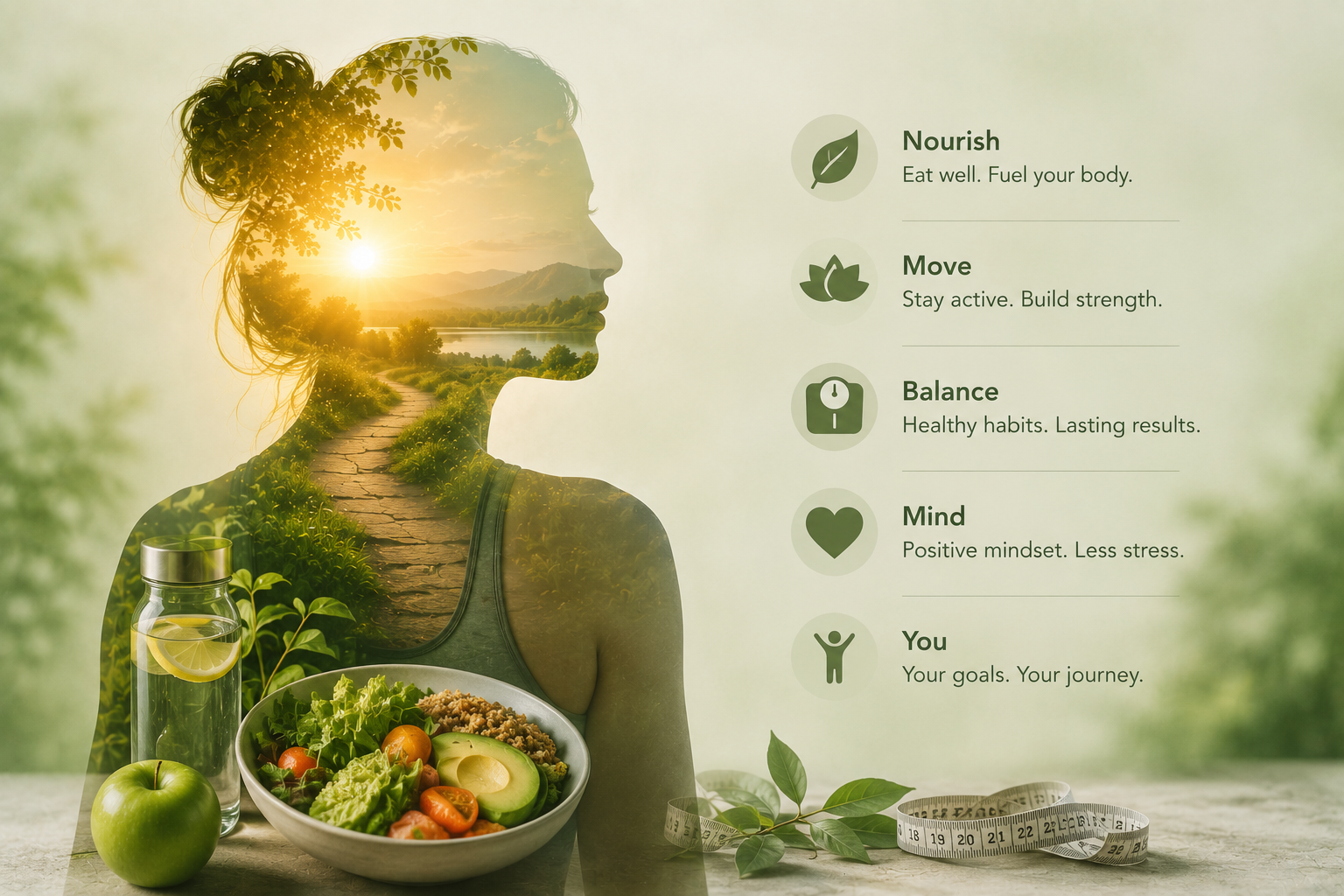 Woman surrounded by healthy food, movement, nature, and wellness symbols representing personalized weight management and metabolic health.