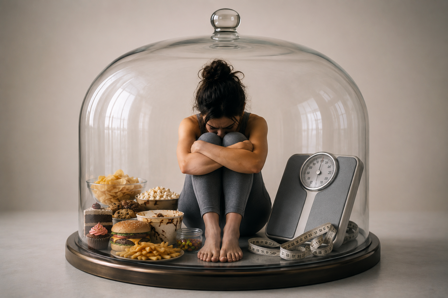 Woman under a glass dome with food, a scale, and measuring tape symbolizing feeling trapped by weight, body image, and eating patterns.