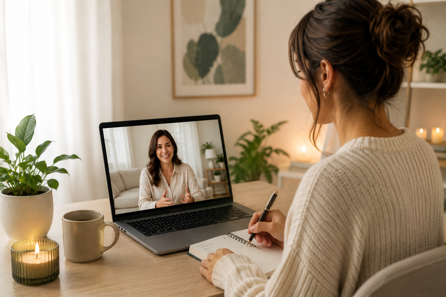 Woman participating in a telehealth mental health appointment with a psychiatric provider from home.