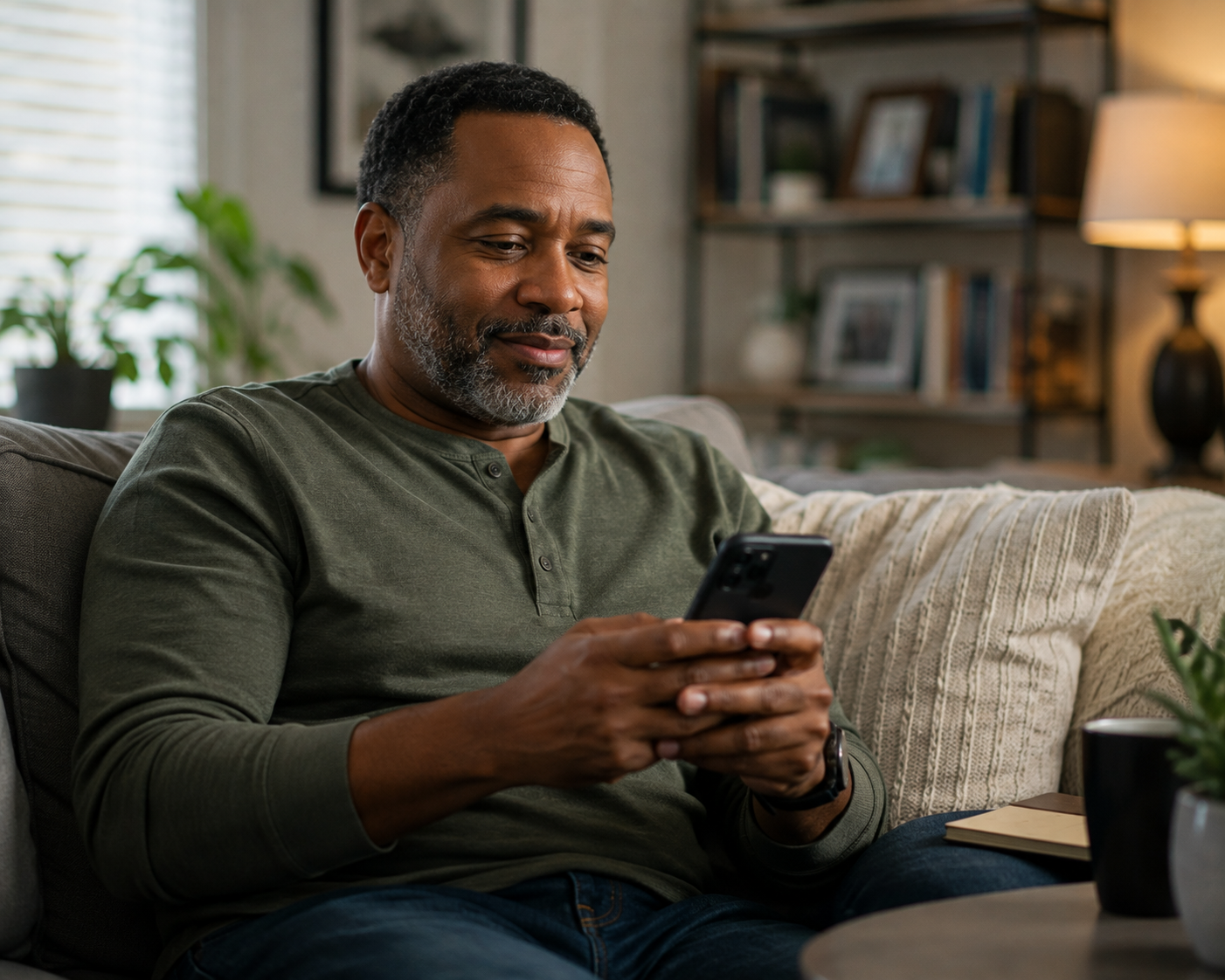 Middle-aged man using a smartphone at home to connect with convenient mental health care.