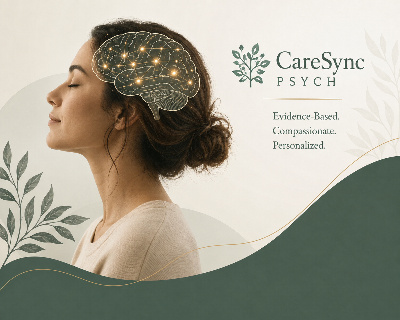 Green and gold mental health artwork symbolizing emotional balance healing and personalized psychiatric treatment.