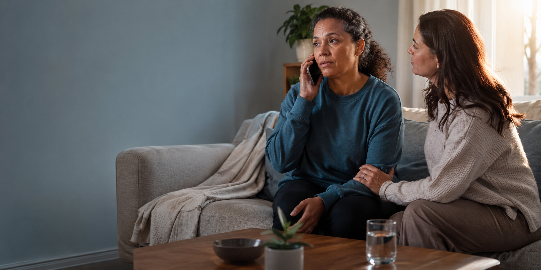 Woman contacting crisis support while a trusted person remains beside her