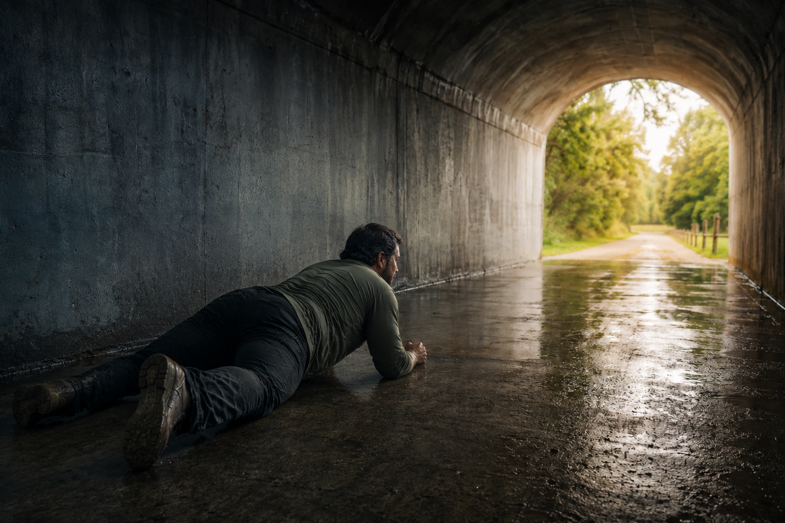 Man moving through a dark tunnel toward daylight as a symbol of mental health recovery and hope