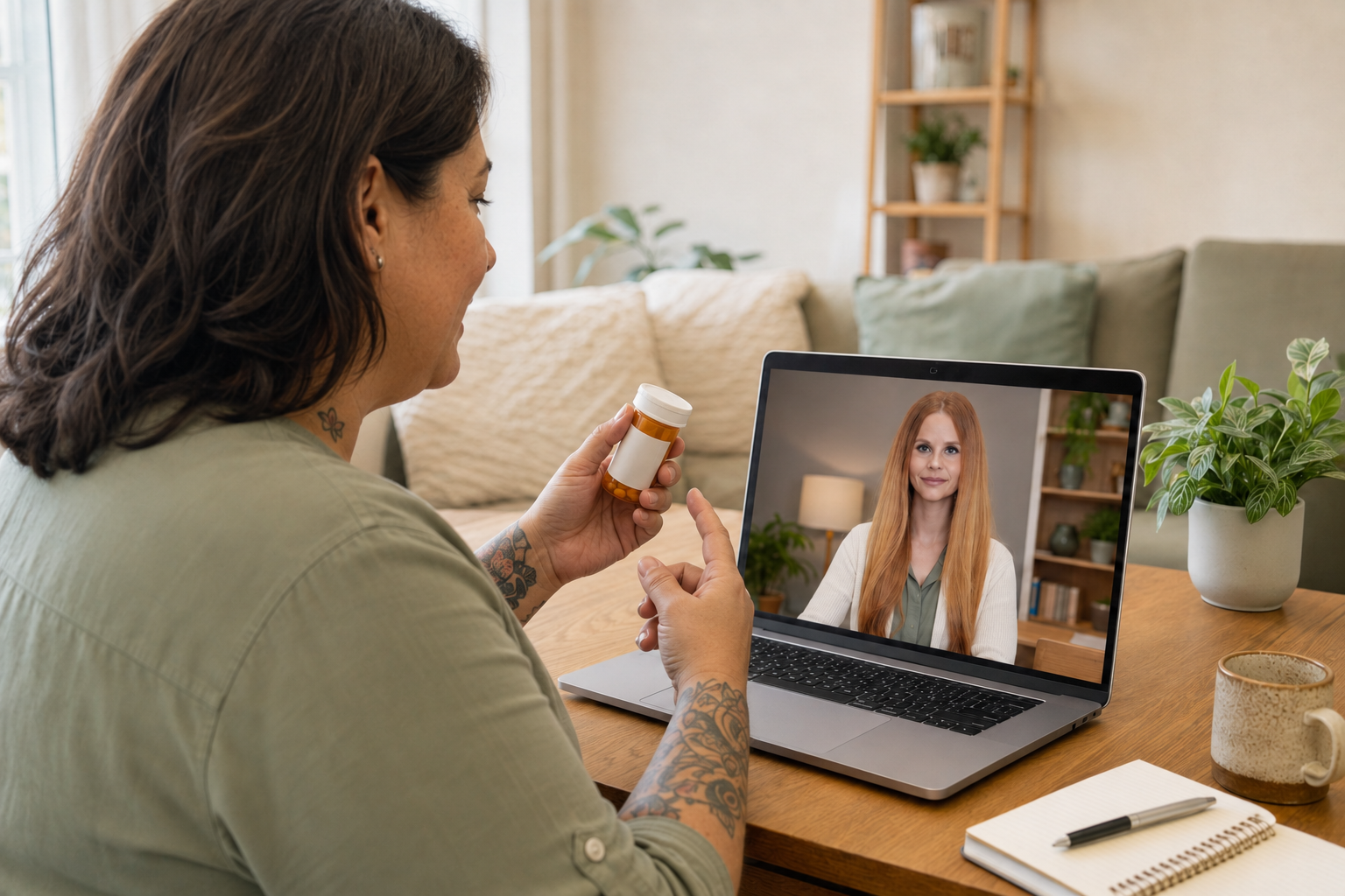 Patient discussing psychiatric medication with a CareSync Psych provider during a telehealth mental health appointment