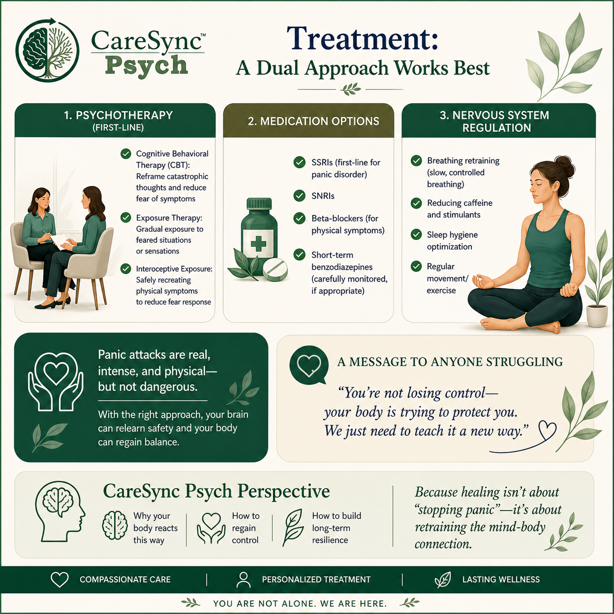 CareSync Psych educational infographic describing psychotherapy, medication options, and nervous system regulation